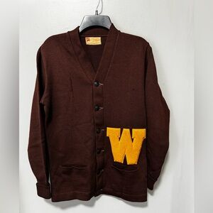 Vintage Letterman Sweater Brown. Yellow Chenille “W” Patch- Heavy Knit Cardigan